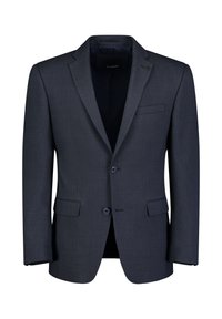 Dunkelgrauer Blazer aus strukturiertem Gewebe, mit zwei vorderen Knöpfen, Reverskragen, Brusttasche und Seitentaschen. Glatte Innenauskleidung.