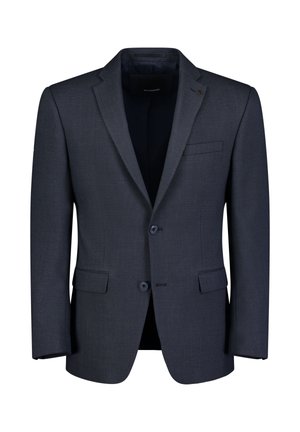 Dunkelgrauer Blazer aus strukturiertem Gewebe, mit zwei vorderen Knöpfen, Reverskragen, Brusttasche und Seitentaschen. Glatte Innenauskleidung.