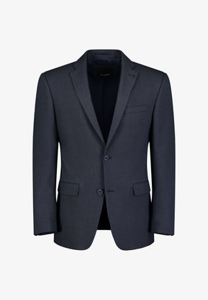 Blazer grigio scuro realizzato in tessuto testurizzato, con due bottoni frontali, rever a punta, taschino sul petto e tasche laterali. Fodera interna liscia.