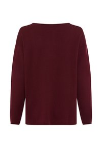 Maglione borgogna, maniche lunghe, vestibilità ampia, collo largo. Tessuto morbido con dettagli a coste nei polsini e sull'orlo. Nessun motivo o logo visibile.