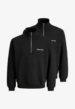 Sorte zip-up sweatshirts med høj krave, der har en frontziplukning og broderet tekst på brystet. Blødt stof, afslappet pasform.