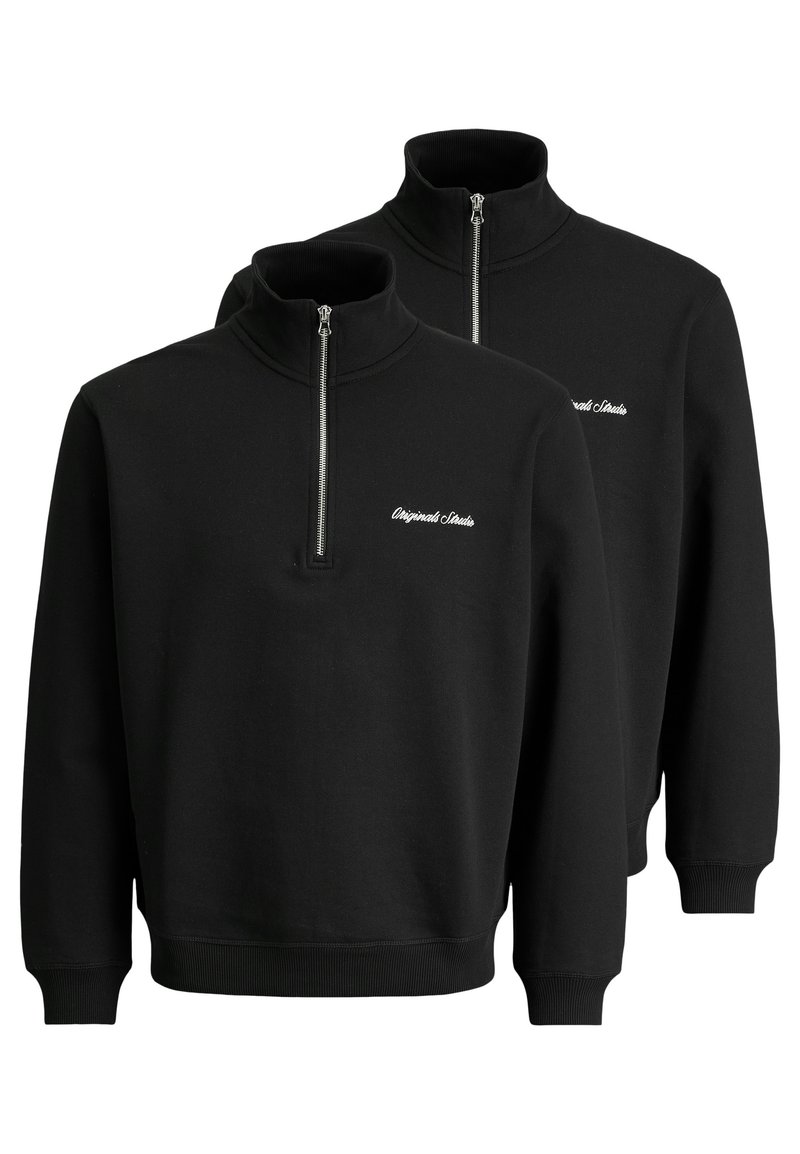 Sweatshirts noirs zippés avec cols hauts, dotés d'une fermeture éclair devant et de texte brodé sur la poitrine. Tissu doux, coupe décontractée.