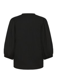 Blouse noire en tissu texturé, avec des manches bouffantes longues et un col rond. L'ourlet est droit et le design est simple.