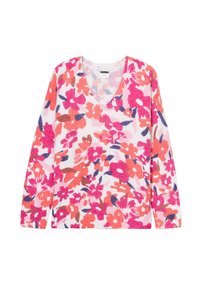Blumenpullover mit V-Ausschnitt, der pinke, lila und orangefarbene Blumen auf einem hellen Hintergrund zeigt. Weiche Textur und lange Ärmel.
