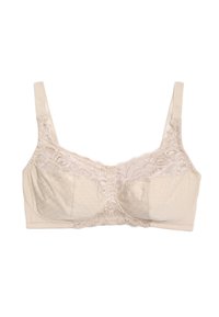 Beige beha met kantafwerking, gestippeld textuur en verstelbare bandjes. Heeft een sluiting aan de voorkant en een subtiele glans in de stof.