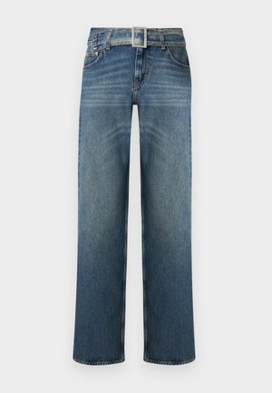 Jeans blu a gamba dritta in denim con parte anteriore sbiadita, design con cinque tasche e cintura con fibbia quadrata in argento.