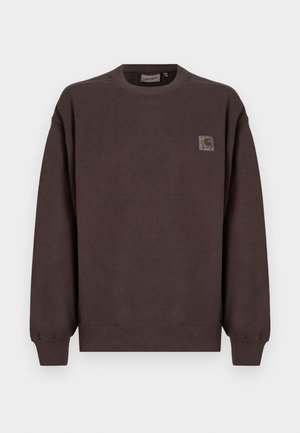 Sweatshirt castanho em algodão, com decote redondo, punhos canelados e um pequeno logótipo no peito. Textura suave.