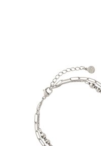 Silberarmband mit verschiedenen Kettenstilen, einschließlich Glieder und Perlen, mit einem Karabinerverschluss und einer verstellbaren Kettenverlängerung.