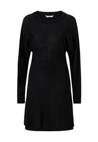 Vestito maglione nero con maniche lunghe, scollatura rotonda e vita a coste. Tessuto morbido, lunghezza sopra il ginocchio, dettagli minimi.
