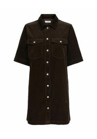 Tumši brūna kordurojas krekla kleita ar īsām piedurknēm, apkakles izgriezumu, divām krūšu kabatām un priekšējo pogu aizdari ar sudraba detaļām.