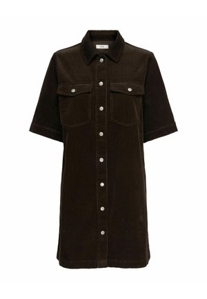 Tummanruskea corduroykangainen paitamekko, jossa on lyhyet hihat, kauluksellinen pääntie, kaksi rintataskua ja edessä hopeiset napit sulkemista varten.