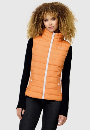 Orange puffer vest with a high collar, vertical stitching, and side pockets. Features a white zipper and contrasting black sleeves.