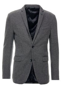 Blazer gris texturizado con un cierre de dos botones en la parte delantera, un bolsillo en el pecho y dos bolsillos laterales; cuenta con un forro interno negro suave.