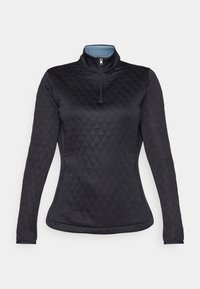 Černý prošívaný top s dlouhým rukávem a krkem na zip do poloviny. Má texturovaný diamantový vzor a přiléhavý střih. Vyroben z pružné látky.