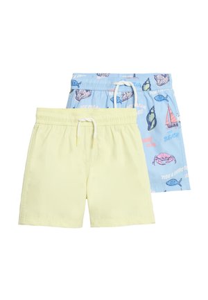 To par børne svømme shorts, den ene ensfarvet bleg gul, den anden lyseblå med tryk af muslinger, krabber, fisk og sejlskibe.