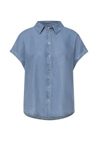 Chemise en jean bleu clair à manches courtes avec col pointu et fermeture à boutons sur le devant, ourlet légèrement arrondi et coupe décontractée.
