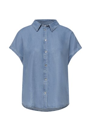 Lyseblå kortærmet denimskjorte med spids krave og knaplukning foran, let buet kant og løs pasform.