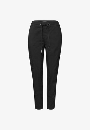 Pantalones jogger negros de tela ligera, con cintura elástica y cordón, piernas ajustadas y bolsillos laterales.