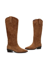 Botas de ante marrón hasta la rodilla con puntera puntiaguda, que presentan tachuelas decorativas en la parte trasera y un tacón bajo tipo bloque. Textura suave con un diseño elegante.
