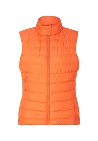 Orange gefütterte Weste mit hohem Kragen, Reißverschluss vorne und ohne Ärmel. Verfügt über eine gesteppte Textur und einen Druckknopf am Kragen.