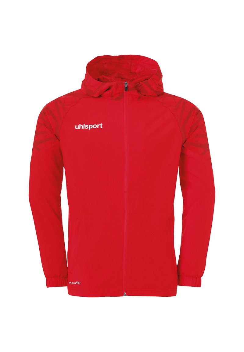 Rote leichte Jacke mit Reißverschluss vorne, Kapuze und elastischen Bündchen. Sie hat ein geometrisches Design auf den Schultern und ein Logo auf der Brust.