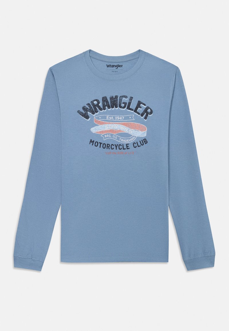 Langermet blå t-skjorte laget av bomull. Har et motiv av "Wrangler Motorcycle Club" med røde og svarte detaljer. Rund hals.