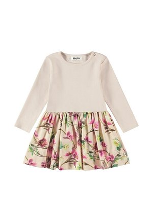 Beige langærmet kjole til småbørn med ribbet overdel og samlet nederdel med pink og grøn blomstret print.