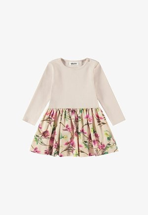 Robe beige à manches longues pour tout-petit avec haut côtelé et jupe froncée avec imprimé floral rose et vert.