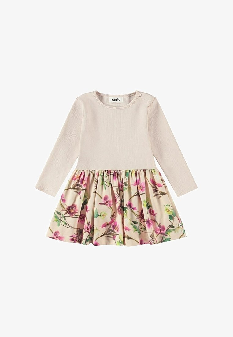 Robe beige à manches longues pour tout-petit avec haut côtelé et jupe froncée avec imprimé floral rose et vert.