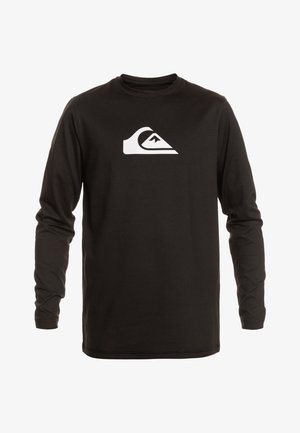 Schwarzes Langarm-T-Shirt aus weichem Stoff, mit einem großen weißen Wellenlogo auf der Brust bedruckt. Rundhalsausschnitt und normale Passform.