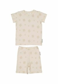 Pjyamasæt i lys creme med subtilt blomstermønster. Kortærmet top og shorts, lavet af blødt stof med elastisk talje.