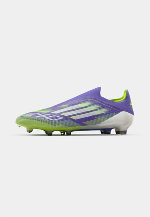Purple and green soccer cleat with a textured body, sleek design, and colorful detailing. Features a minimalist shape and visible studs.