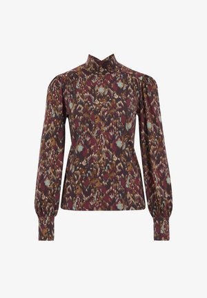 Langauw blouse in rijke bordeaux, met een gedurfde abstracte patroon in beige, teal en bruin. Hoge halslijn en opgeblazen schouders.