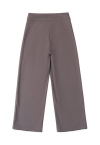 Pantaloni a gamba larga in un morbido tessuto grigio testurizzato e tenue. Presentano una vita alta e due tasche posteriori. Realizzati per una vestibilità comoda.