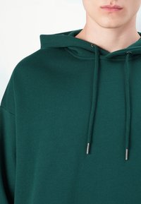 Primo piano di una persona che indossa un felpa verde scuro con cappuccio e lacci, mostrando la parte inferiore del viso e la parte superiore del torso.
