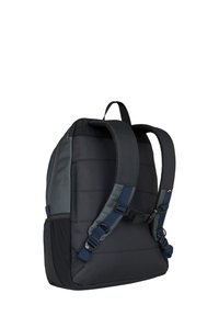 Black backpack with padded fabric, adjustable straps in navy, side mesh pocket, rectangular shape, and minimalistic design.