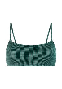 Top de bikini bandeau verde azulado texturizado con tirantes delgados ajustables sobre un fondo blanco.