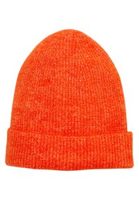 Erksinine müts, mis on heledates oranžides toonides, tekstuurse pinnakattega ja voltimisega, tagades tiheda istuvuse. Mõeldud sooja hoidmiseks külmade ilmade korral.