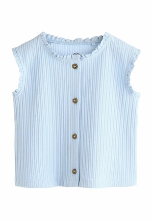 Hellblaues, geripptes Tanktop mit rundem Ausschnitt, Knopfverschluss und gewellten Armausschnitten. Verfügt über fünf Holzknöpfe auf der Vorderseite.