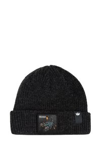 Bonnet en tricot noir avec un revers, arborant une patch d'un scorpion avec le texte "MORTEL". Tissu texturé avec des coutures visibles.