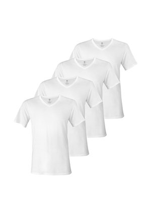 Fire ensfarvede hvide T-shirts med kortærmet V-hals arrangeret i en forskudt række på en hvid baggrund.