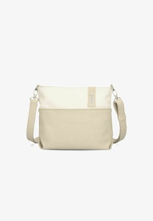 Beige Umhängetasche mit glatter Oberfläche, mit einem weißen oberen Bereich, verstellbarem Riemen und einem Tab mit Logodetail.