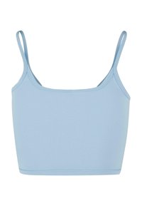 Sinine puuvillane crop top õhukeste rihmadega, keha lähedane lõige, sile tekstuur ja puhas, minimalistlik disain. Ilma mustrite ja nähtava riistvarata.