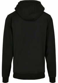 Felpa nera con cappuccio, in un design a tinta unita, caratterizzata da una texture liscia, polsini e orlo a costine, e un cordino sul cappuccio.
