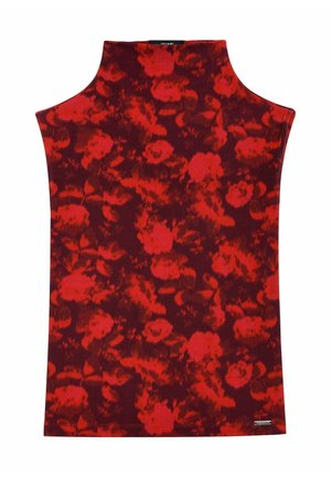 Czerwona i ciemno bordowa bezrękawnik z kwiatowym wzorem, wysokim dekoltem oraz luźnym krojem z prostym dołem.