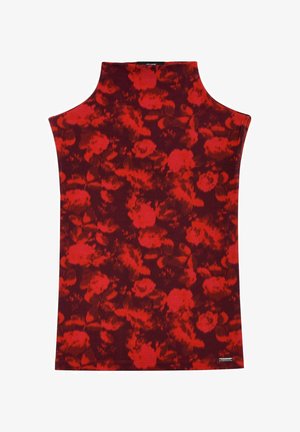 Czerwona i ciemno bordowa bezrękawnik z kwiatowym wzorem, wysokim dekoltem oraz luźnym krojem z prostym dołem.