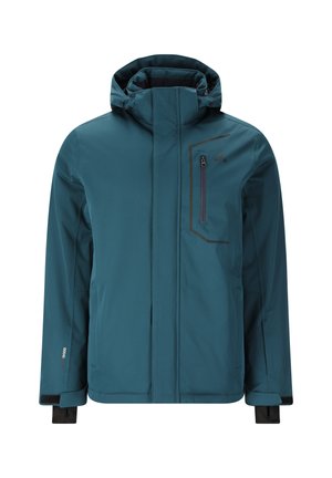 Türkise Winterjacke mit Kapuze, Frontreißverschluss, Reißverschluss-Brusttasche, verstellbaren Bündchen und wasserdichter, atmungsaktiver Stoff.