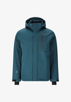 Chaqueta de invierno azul verdoso con cremallera frontal, bolsillo en el pecho con cremallera, puños ajustables y tejido impermeable y transpirable.