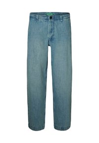 Svetlo modre jeans hlače z ravnim krojem nog, zapiranjem spredaj na gumbe in slogom s petimi žepi. Tkanina ima gladko teksturo in subtilno bledenje.