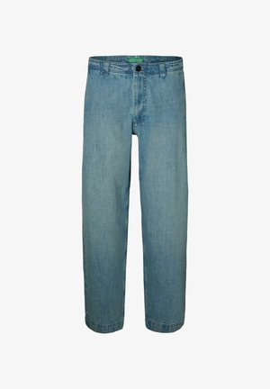 Light blue denim jeans with a straight leg design, front button closure, and five-pocket style. Fabric has a smooth texture and subtle fading.